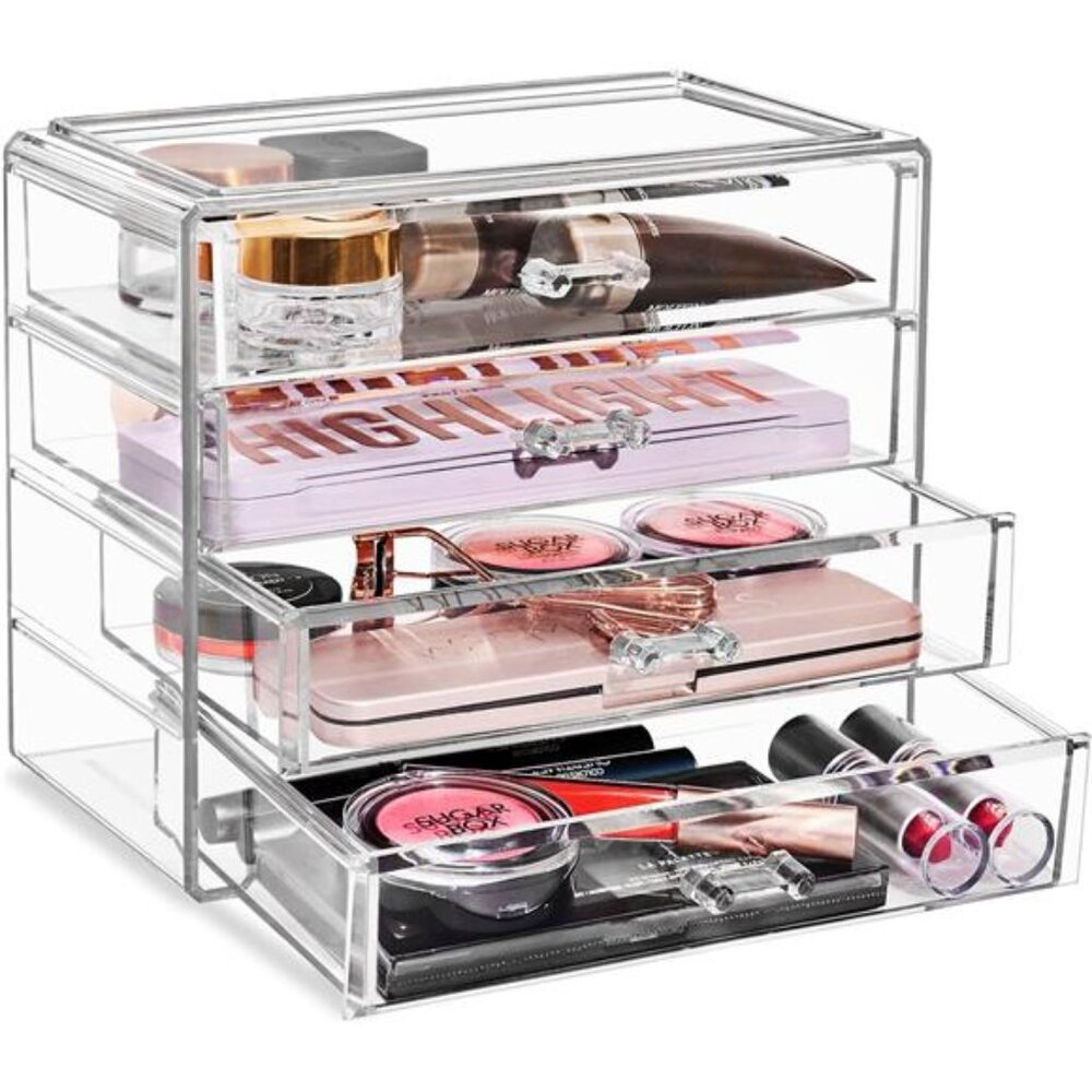 Acrylic Makeup Organizer Set, 4-Drawer Vanity & Countertop Cosmetic Storage